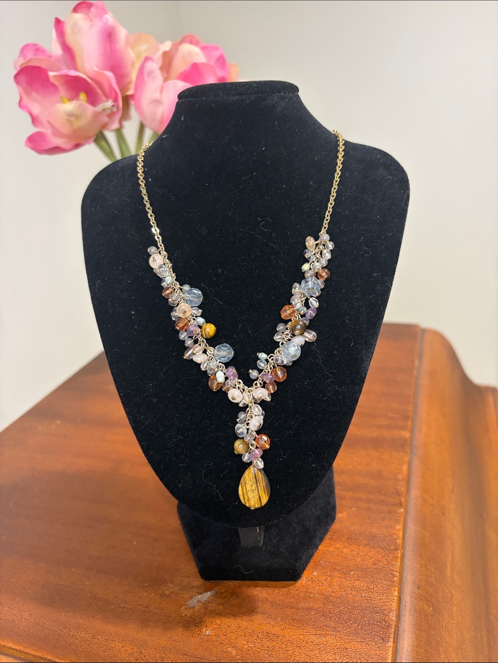 Avon Multicolor Bead Y-Necklace with Amber Teardrop Pendant
